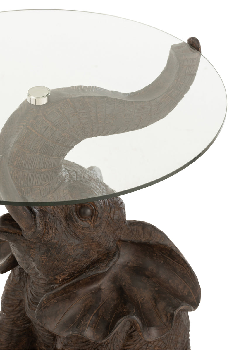 Unique side table with elephant motif and glass top in dark brown made of poly - handmade and stylishly decorative