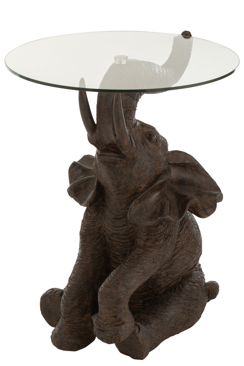 Unique side table with elephant motif and glass top in dark brown made of poly - handmade and stylishly decorative