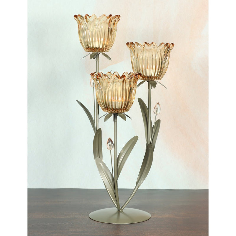 Dekorativer Glas-Teelichthalter Blume für drei Teelichte, 21,5 x 21 x 43,5 cm, beige - Für elegante Akzente