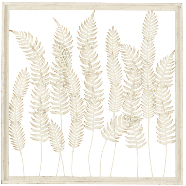 Planten wanddecoratie - Metalen kunst in houten lijst - Elegante natuurlijke schoonheid in wit en bruin voor stijlvolle woonruimtes