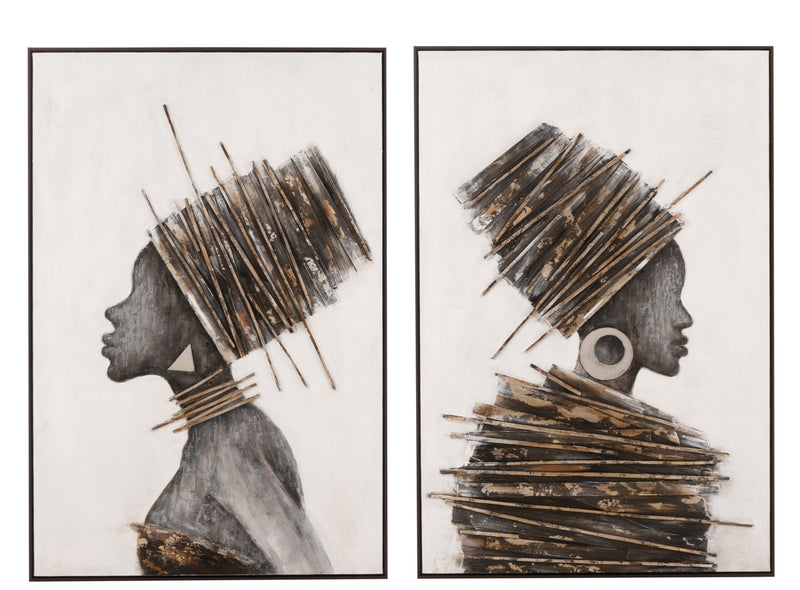2-delige canvas print Afrikaanse vrouw handbeschilderd met houten frame bruin/grijs - Exotische muurkunst