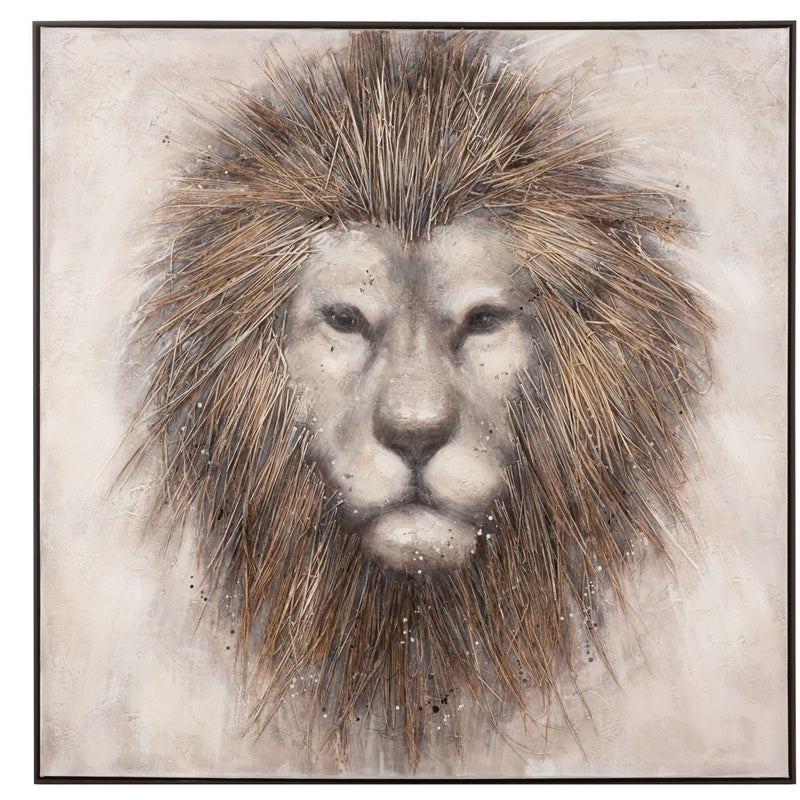 Handmade lion picture on canvas with a wooden frame in brown - Unique wall art for stylish rooms