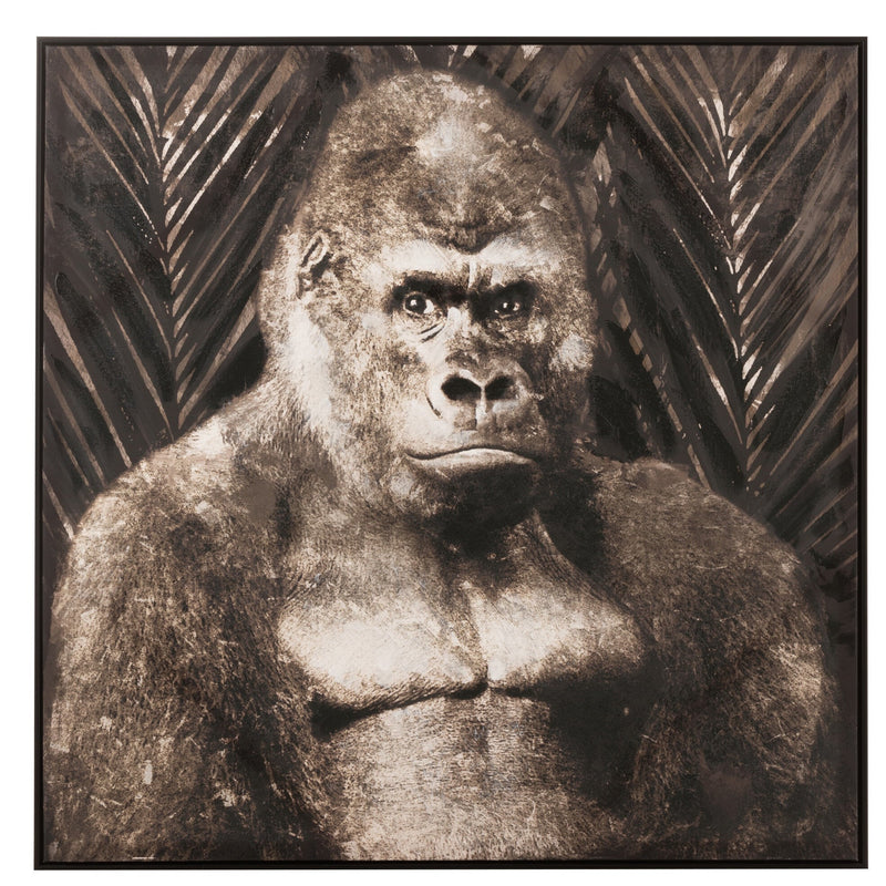 Handgeschilderde gorilla foto op canvas met houten frame - expressieve muurkunst 108x108cm