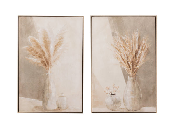 Set of 2 stylish pampas grass vases canvas prints with wooden frames in beige - natural elegance for your home