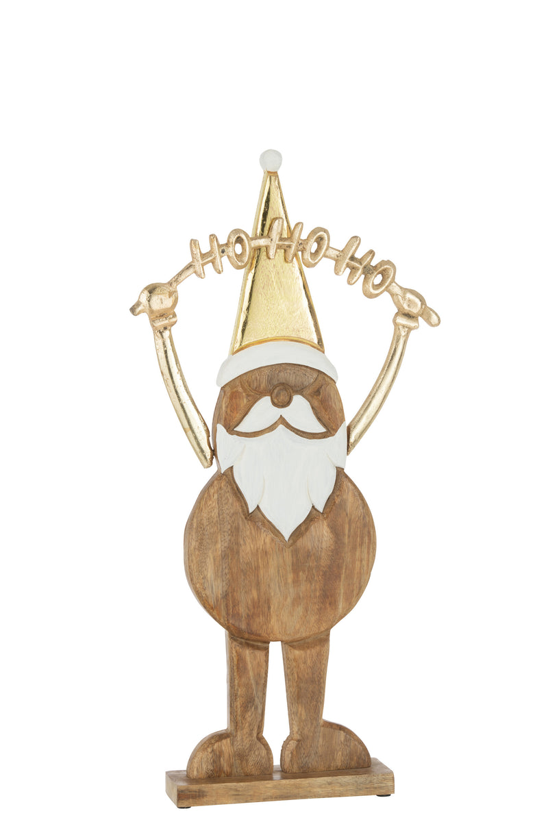 Kerstman Hohoho belettering in goud - handgemaakt met metalen hoed op een houten voet in goudkleuren hoogte 53cm