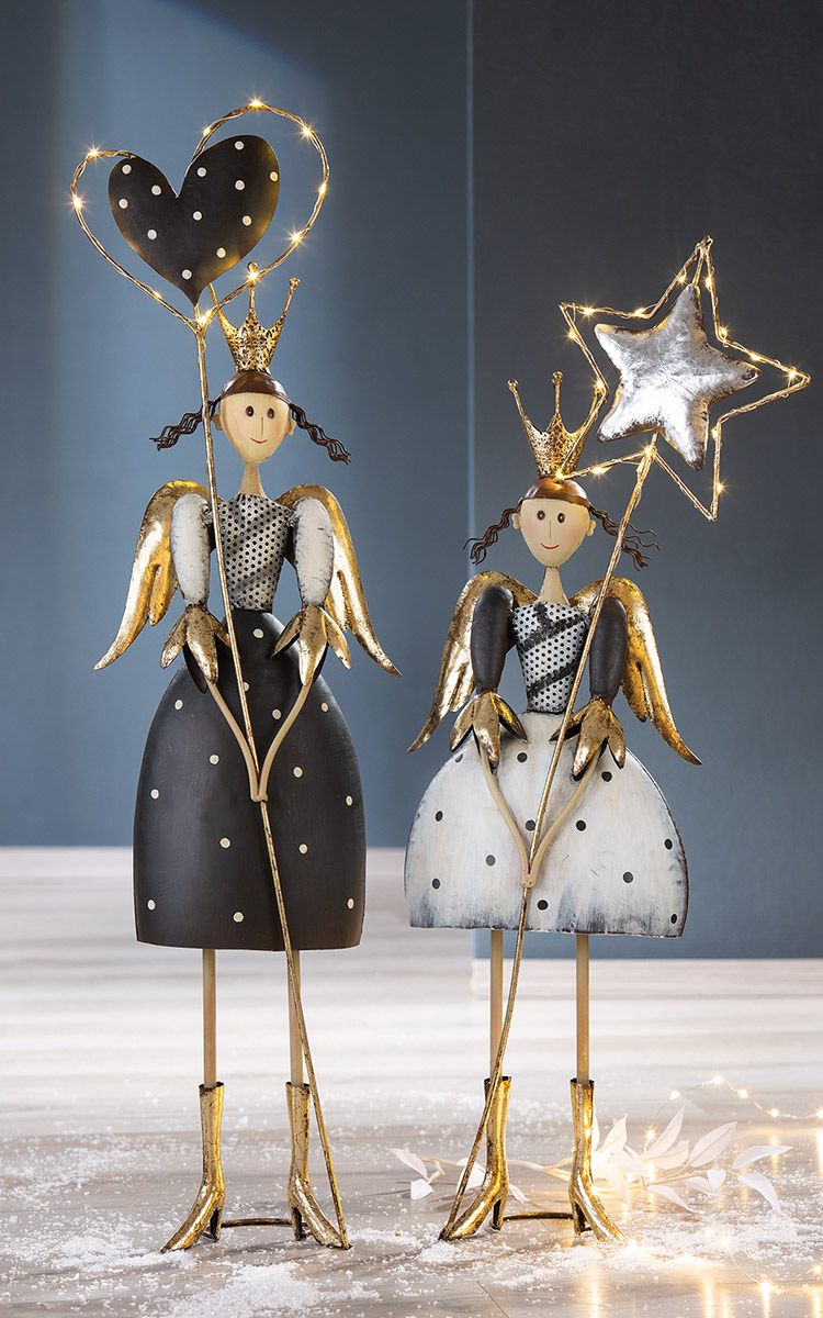 Set of 2 metal LED angels "Jule" - heart and star: symbols of Christmas joy, height 88cm