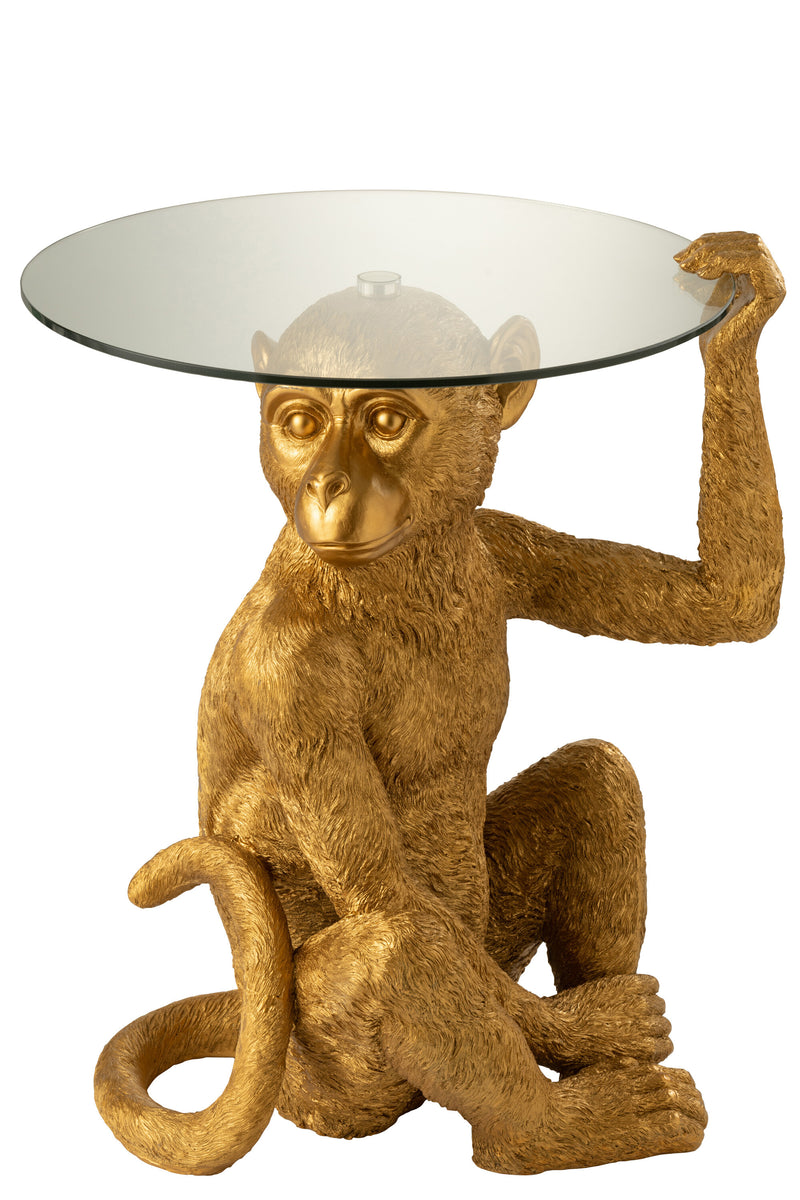 Bijzettafel zittend aap goud, rond glazen blad, 62x48x52 cm