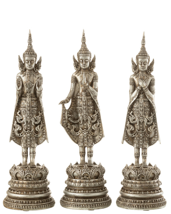 Elegant set of 3 standing Buddha statues in shiny silver