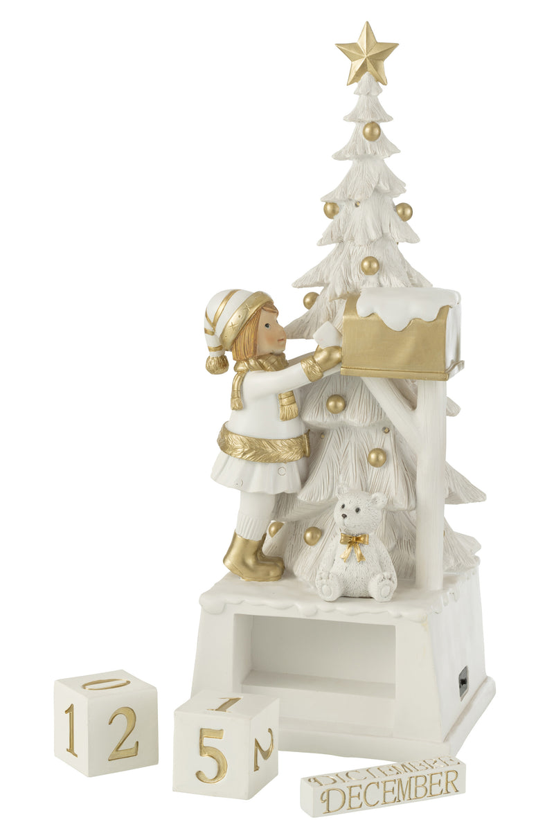 Handgemaakte kerstboomkalender in wit en goud - Poly Artwork