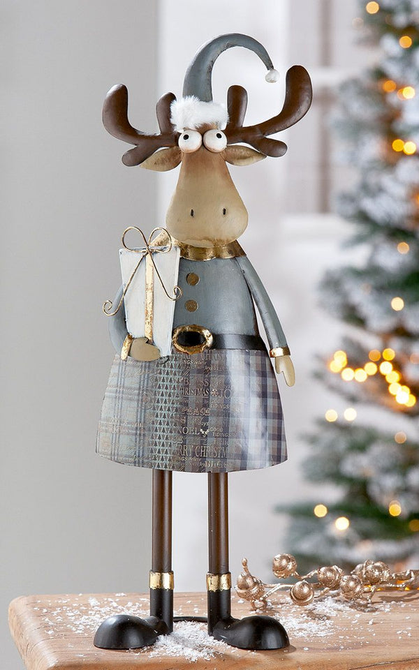 Set of 2 metal reindeer 'Rudi' - grey/brown, decorative figures with gift, charming Christmas decoration for indoor and outdoor use 13.5x16x48.5cm