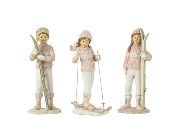 Set van 6 handgeschilderde kerstfiguren, meisjes en jongens op ski's, wit/roze