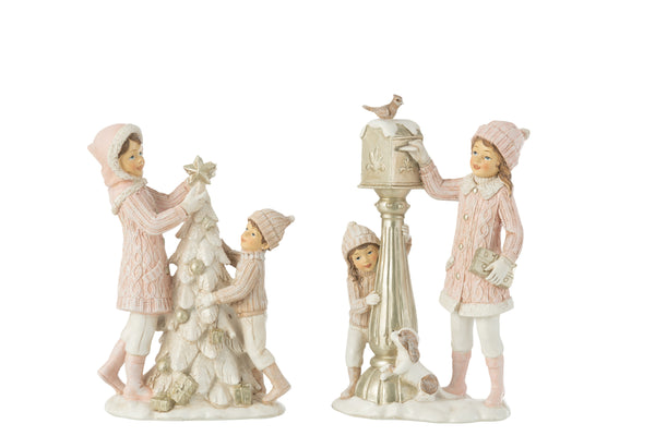 Set van 4 kerstfiguren, meisje en jongen, kerstboom en brievenbusscène, wit/roze