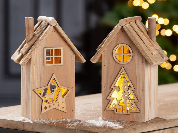 Set of 4 wooden LED houses - star &amp; tree motifs | Handmade from driftwood | 14x8x21cm | Incl. button cells | Natural colors