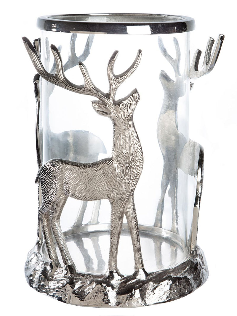 "Rolf" Windlicht mit Hirschmotiv aus Aluminium und Glas in Silber – Eleganter Kerzenhalter für besondere Anlässe