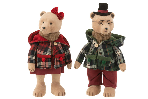Set of 2 standing bears boy &amp; girl in fashion - textile in gray &amp; red