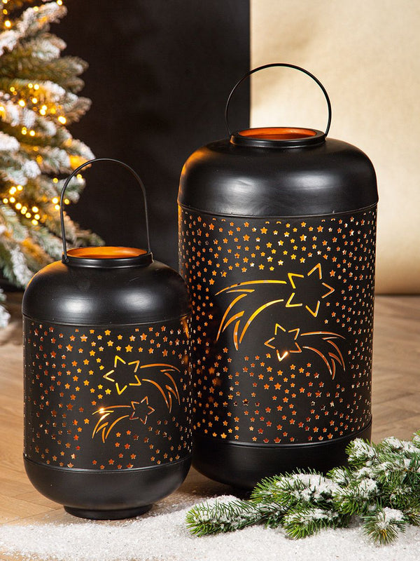 Metal lantern lights shine - stylish decoration with star cutouts and gold accents 2 sizes