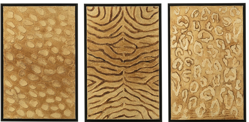 3-part picture set "Animal Elegance" - fur pattern of leopard, zebra and tiger, wood/canvas in black/gold
