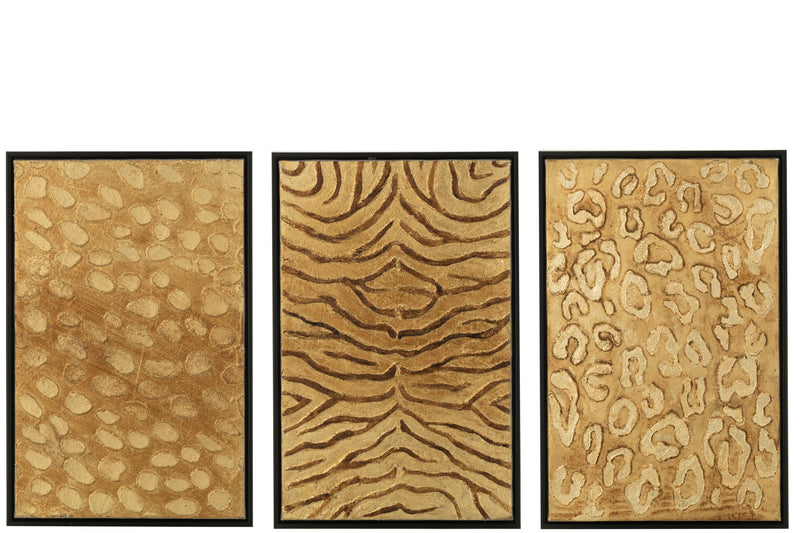 3-part picture set "Animal Elegance" - fur pattern of leopard, zebra and tiger, wood/canvas in black/gold
