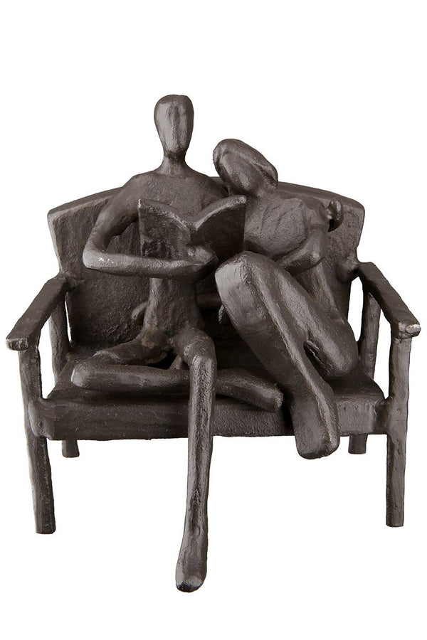 IJzeren Design Sculptuur 'Reader' - Gepolijst koppel op bankje met boek