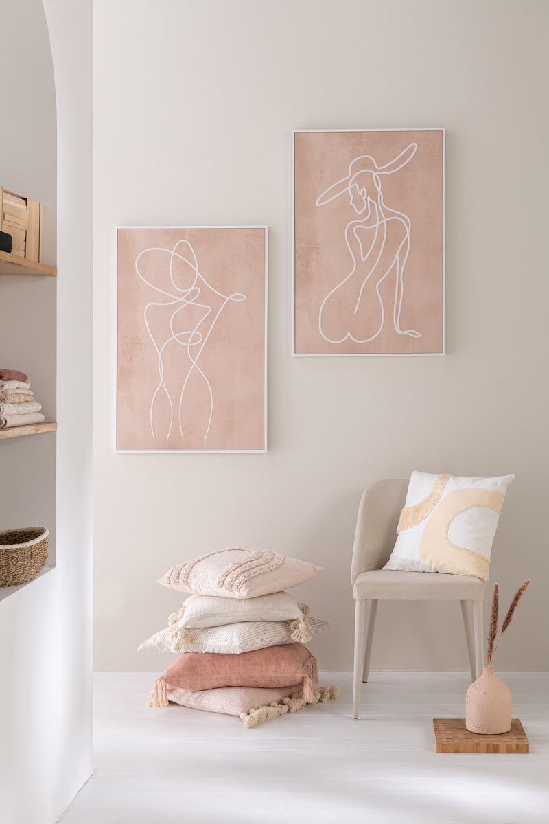 Set van 2 fotolijsten Woman Lines - canvas en hout in wit en perzik, stijlvolle afbeeldingen van vrouwen