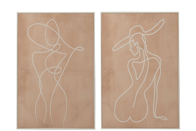 Set van 2 fotolijsten Woman Lines - canvas en hout in wit en perzik, stijlvolle afbeeldingen van vrouwen