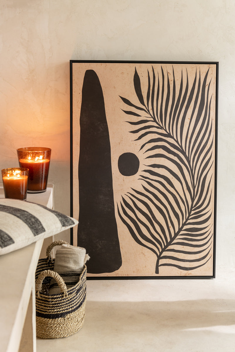 Moderne muurkunst print 'Abstract Leaf' - lijst van hout en canvas in bruin en zwart