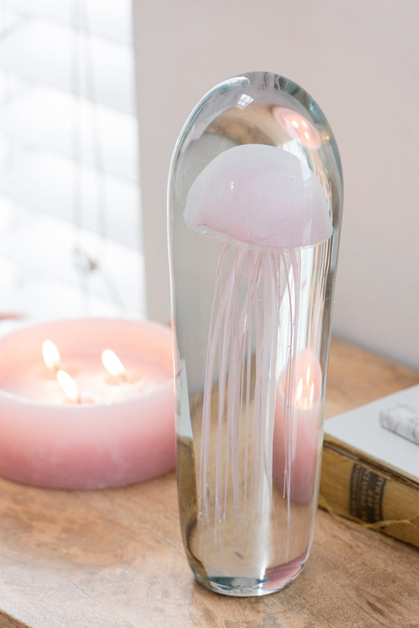 Set of 2 pink glass jellyfish paperweight decoration