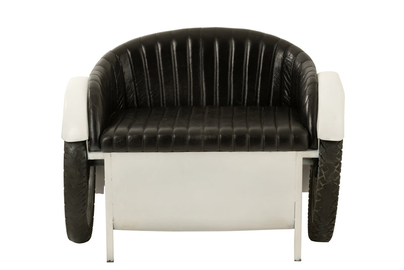 Handgemaakte vintage meubel auto fauteuil van metaal en wit en zwart leer, Ideaal voor kinderkamer, kantoor en woonkamer