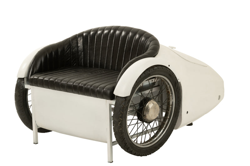 Handmade vintage furniture car armchair made of metal and white and black leather, Ideal for children's room, office and living room