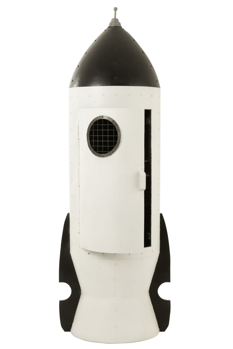 Handgefertigter Möbel Raketen Schrank aus Metall, Weiß/Schwarz lackiert, mit Eingangstür zur Kapsel - Sonderanfertigung