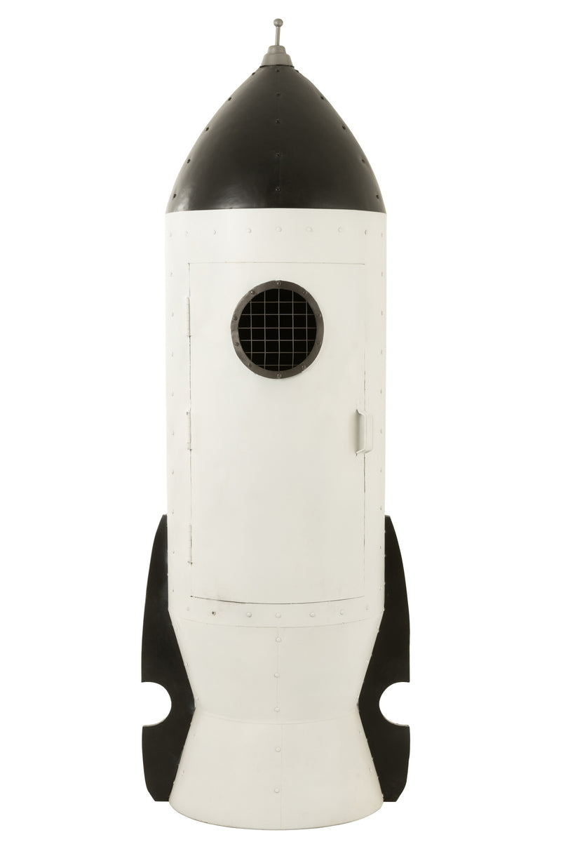 Handgefertigter Möbel Raketen Schrank aus Metall, Weiß/Schwarz lackiert, mit Eingangstür zur Kapsel - Sonderanfertigung