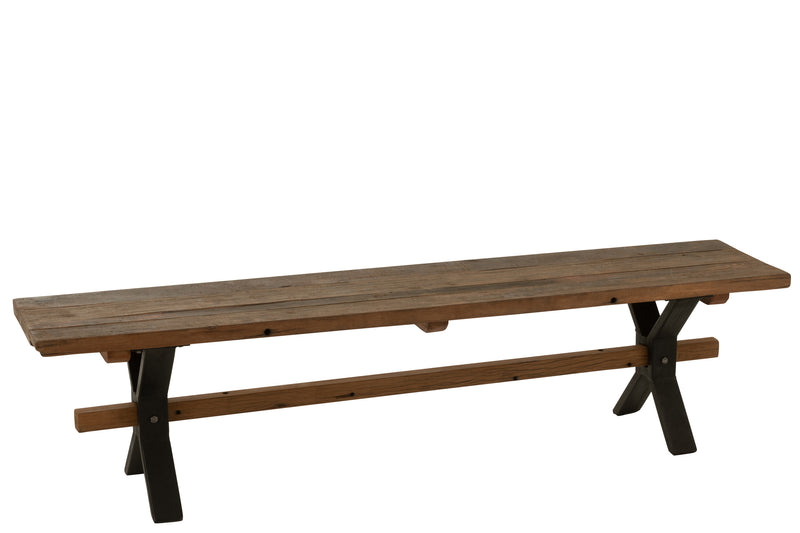 Brown distressed wood rustic bench with black metal frame - Handcrafted masterpiece