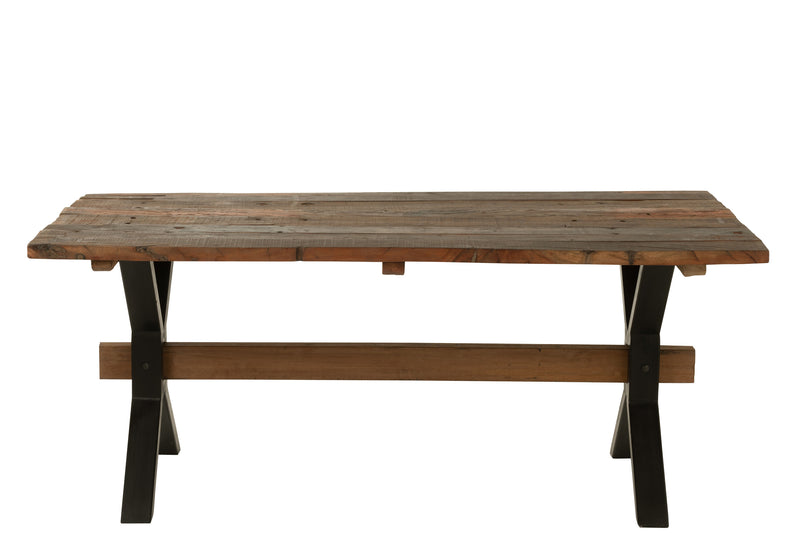 Characterful distressed brown wood dining table with black metal frame - Handcrafted masterpiece