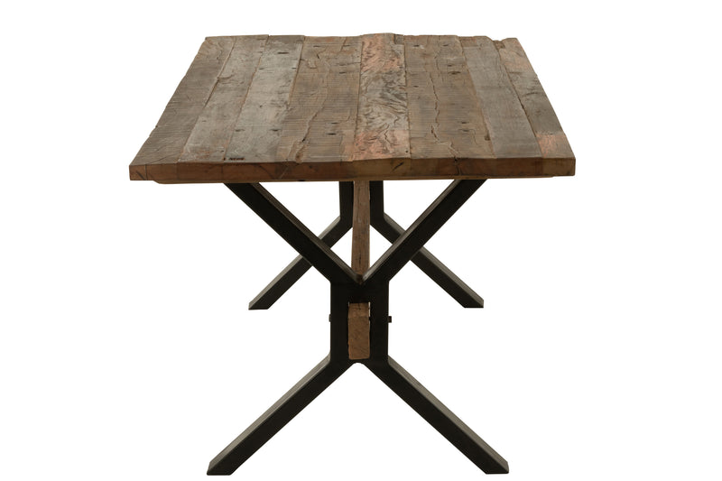 Charaktervoller Esstisch aus gealtertem Holz in Braun mit schwarzem Metallgestell - Handgefertigtes Meisterwerk
