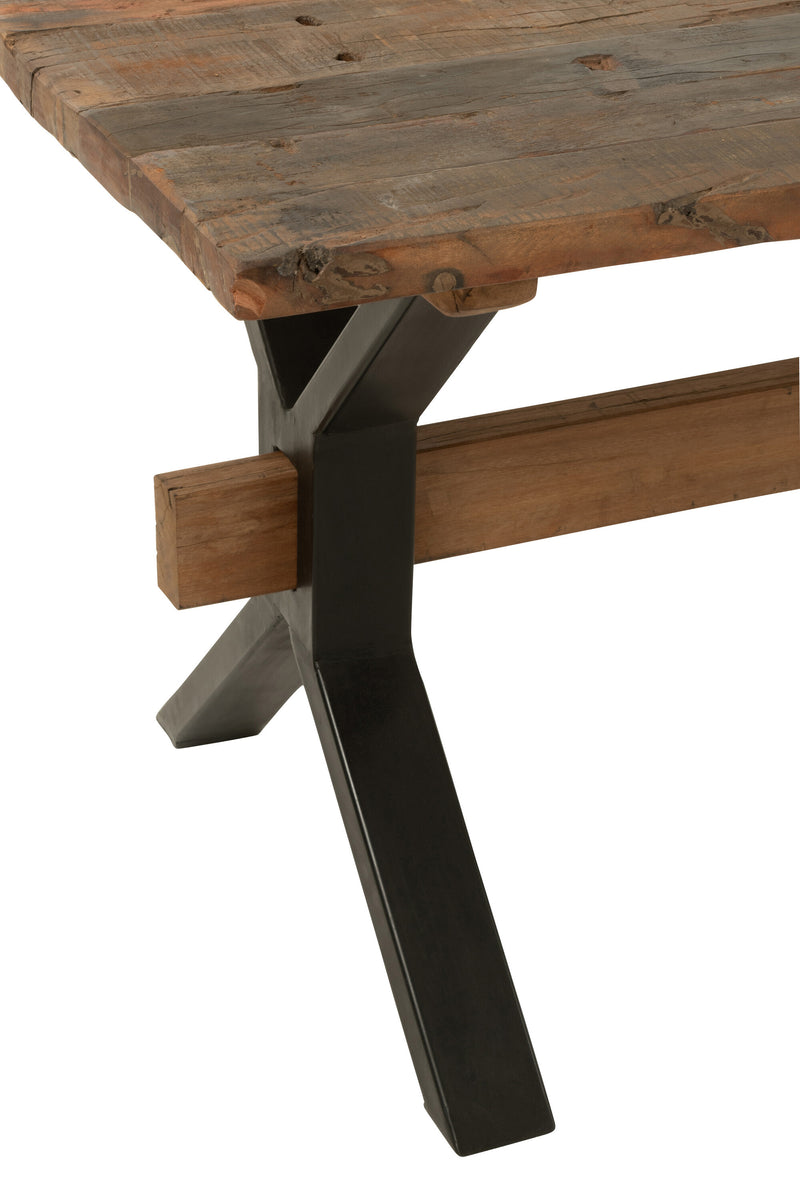 Charaktervoller Esstisch aus gealtertem Holz in Braun mit schwarzem Metallgestell - Handgefertigtes Meisterwerk