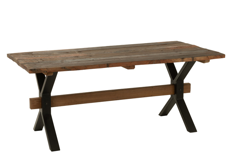 Characterful distressed brown wood dining table with black metal frame - Handcrafted masterpiece