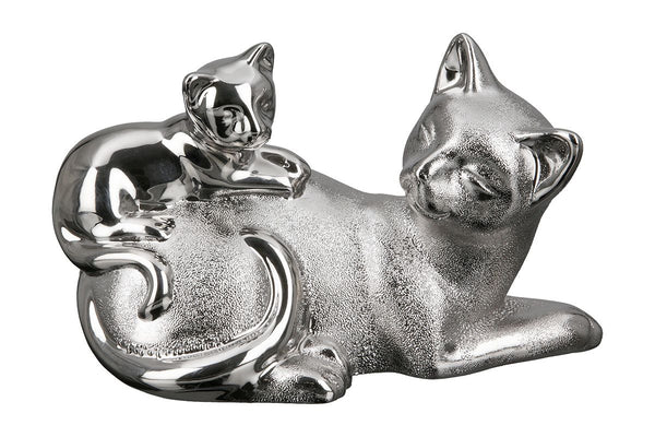Elegant set of 2 porcelain sculptures - silver-colored cat with cub, decorative work of art