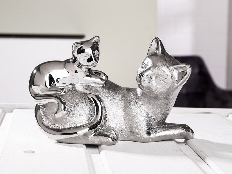 Elegantes 2er Set Porzellan Skulpturen - Silberfarbene Katze mit Junges, Dekoratives Kunstwerk