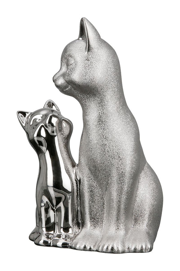 Exclusieve set van 2 zilverkleurige porseleinen kattensculpturen - elegante voorstelling van kat en kitten
