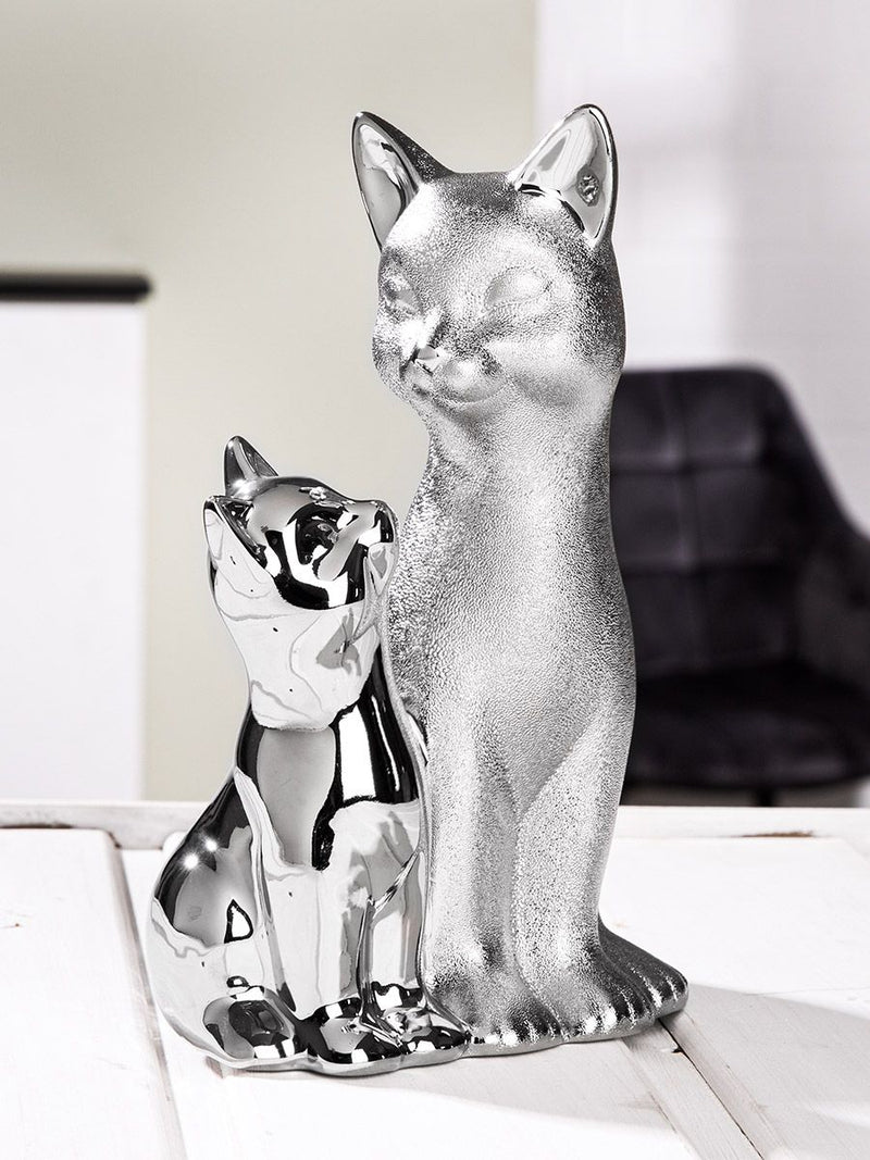 Exclusive set of 2 silver-colored porcelain cat sculptures - elegant representation of cat and kitten