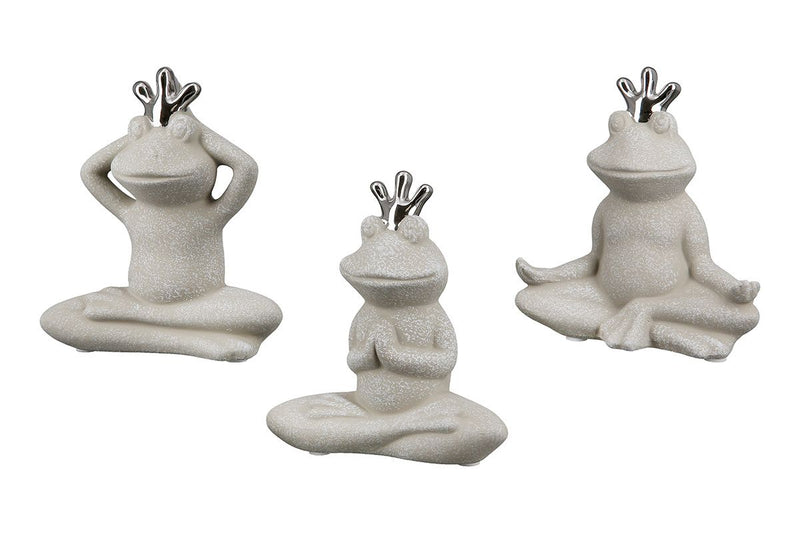 Set of 6 ceramic frog 'Yoga', 3 assorted, 13cm - gray with silver crown