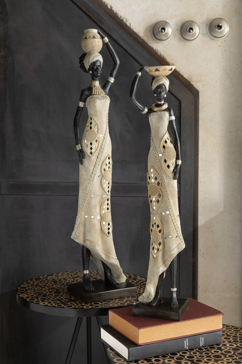 Set van 2 poly sculpturen - Afrikaanse vrouwen met spiegel in kleurenmix