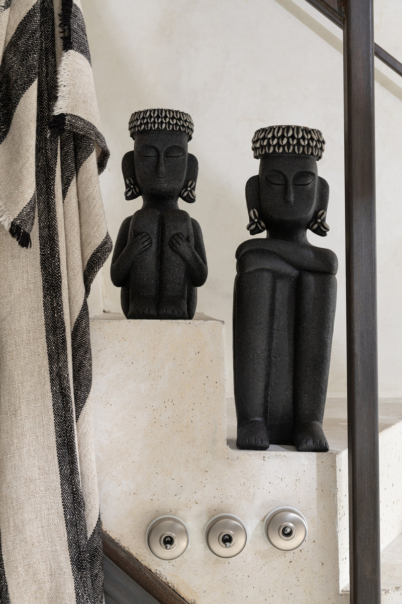 Set of 2 Ethnic Statues BUJAD Sitting, Stone Resin, Black