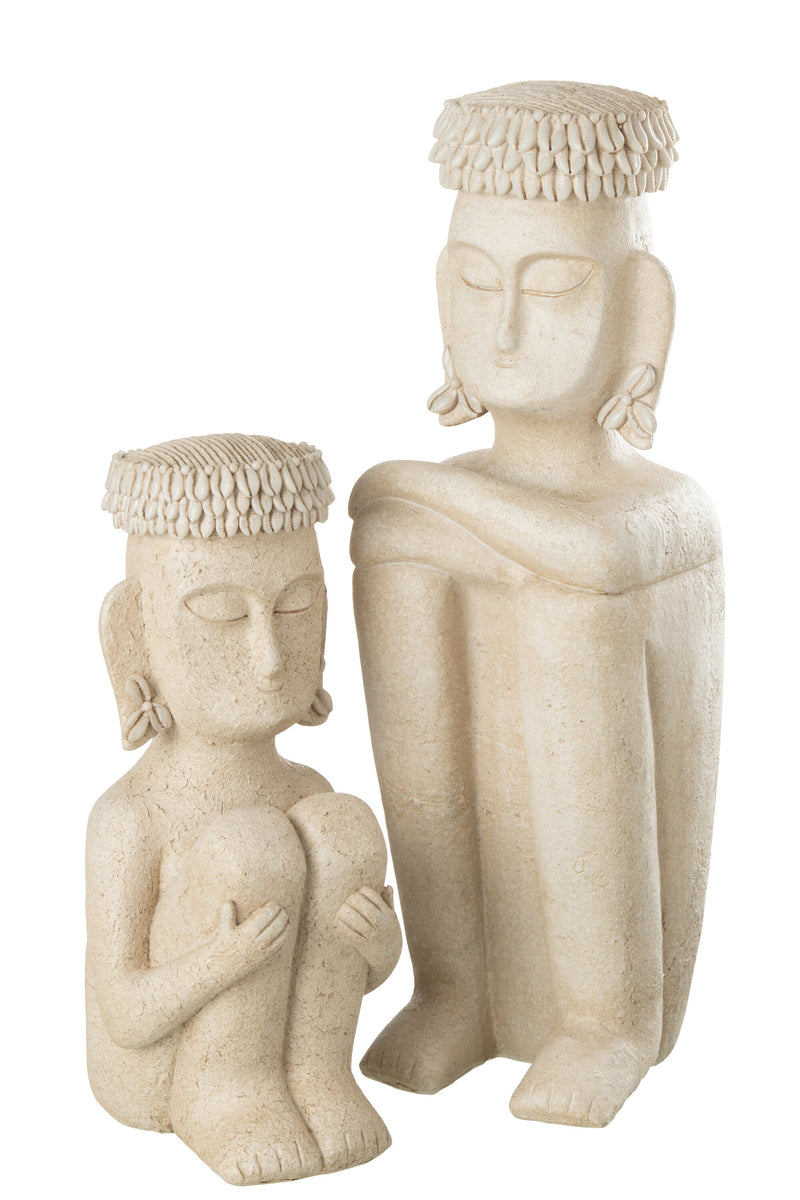 Set van 2 etnische zittende beelden - Beige stenen sculpturen van hars