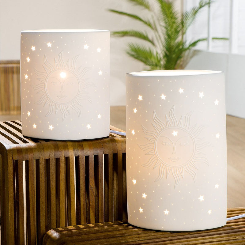 Table lamp "Harmony" – white porcelain with sun motif