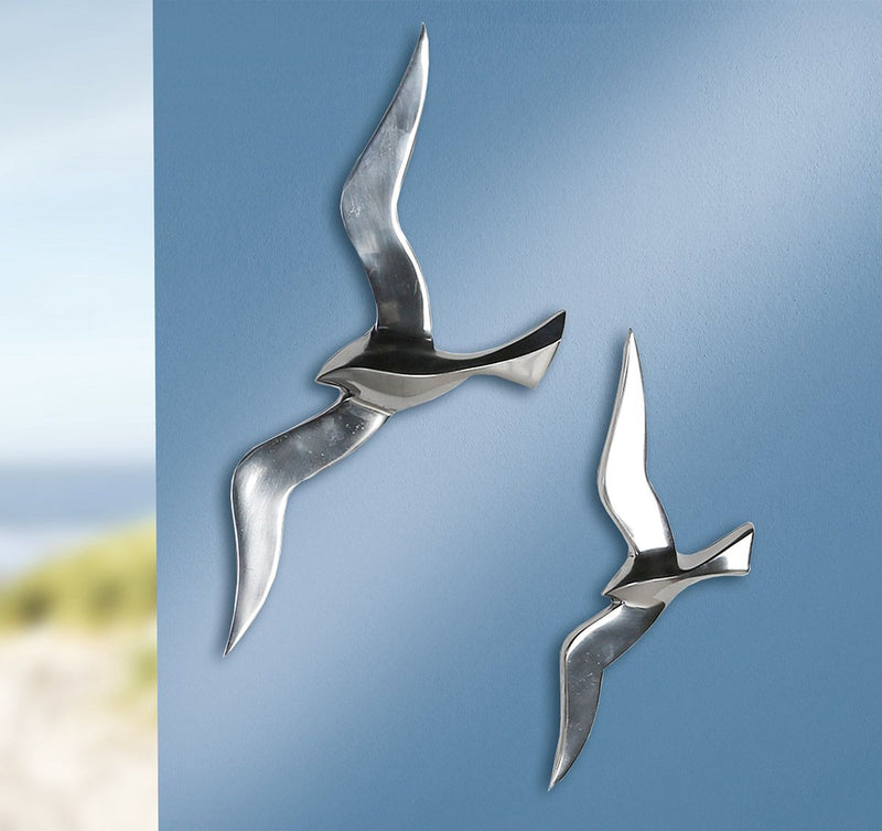 Elegant wandobject Flying Birds van gepolijst aluminium, 34x14cm meeuwen