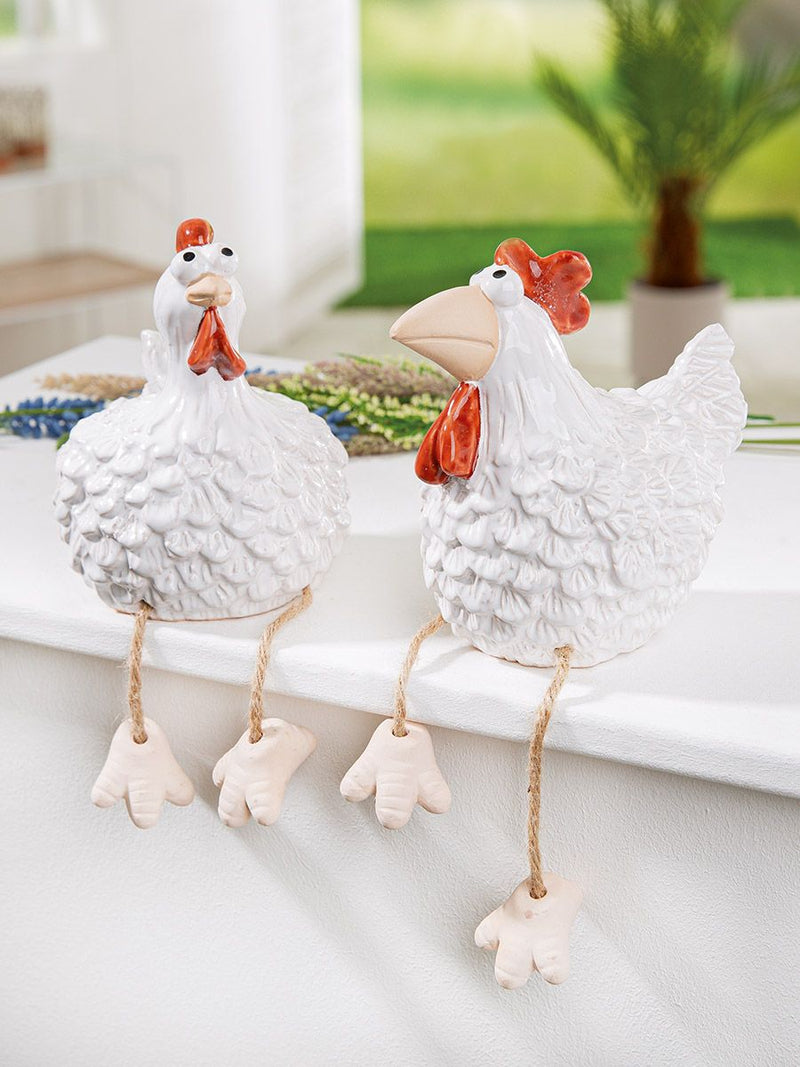 Set of 4 ceramic edge seaters rooster and chicken Hanno &amp; Helga in white and red - playful charm for your home