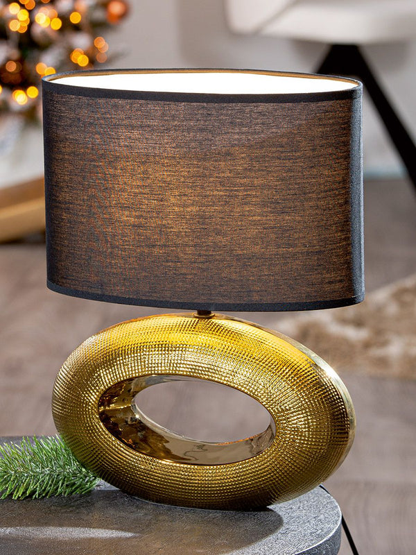 Elegante Tischleuchte "Konya" – Goldene Keramik mit Schwarzem Lampenschirm