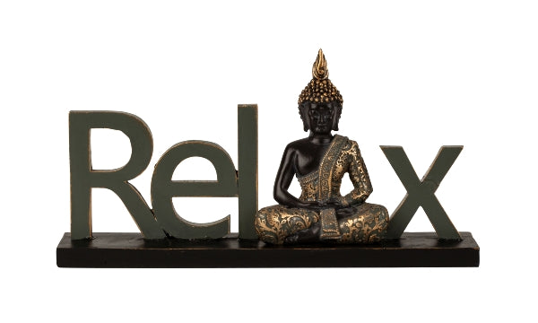 Decoratieve belettering Relax met Boeddhafiguur in zwart