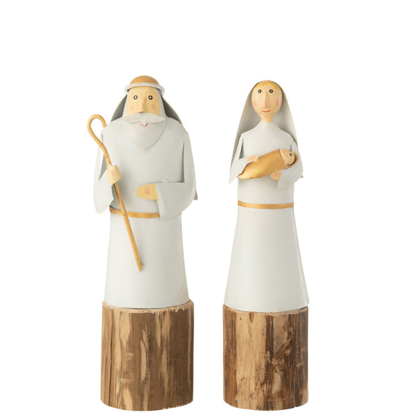 Set of 4 Maria &amp; Josef made of metal on a wooden base - white/gold, 2 assorted